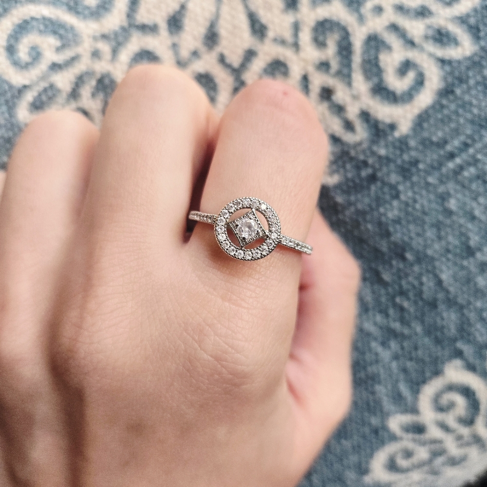 Vintage 925 Sterling Silver Art Deco Style White Stone Engagement Ring, size 9.5